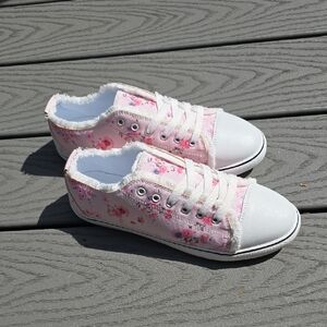 Pink and White Floral Sneakers with Rubber Toe Cap